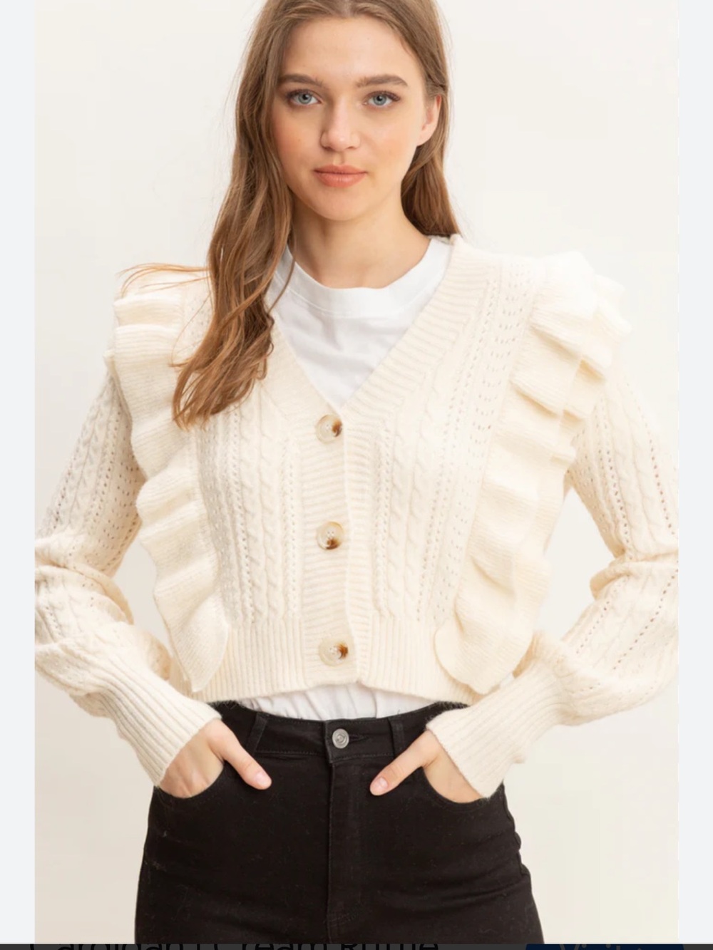 Avara Voy Cream Ruffle-Front Knit Crop Cardigan Size Small‎